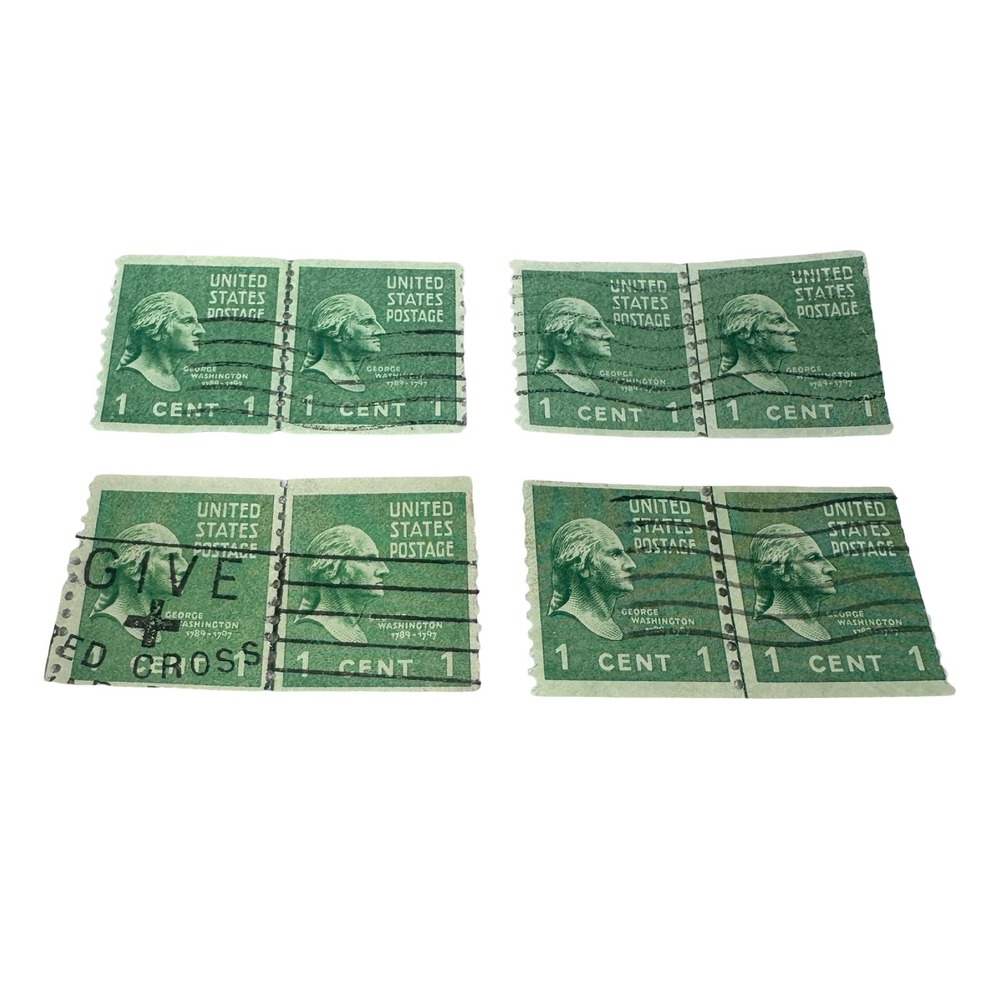Vintage George Washington 1 Cent Green Postage Stamp Coil Pairs Used 8 Total